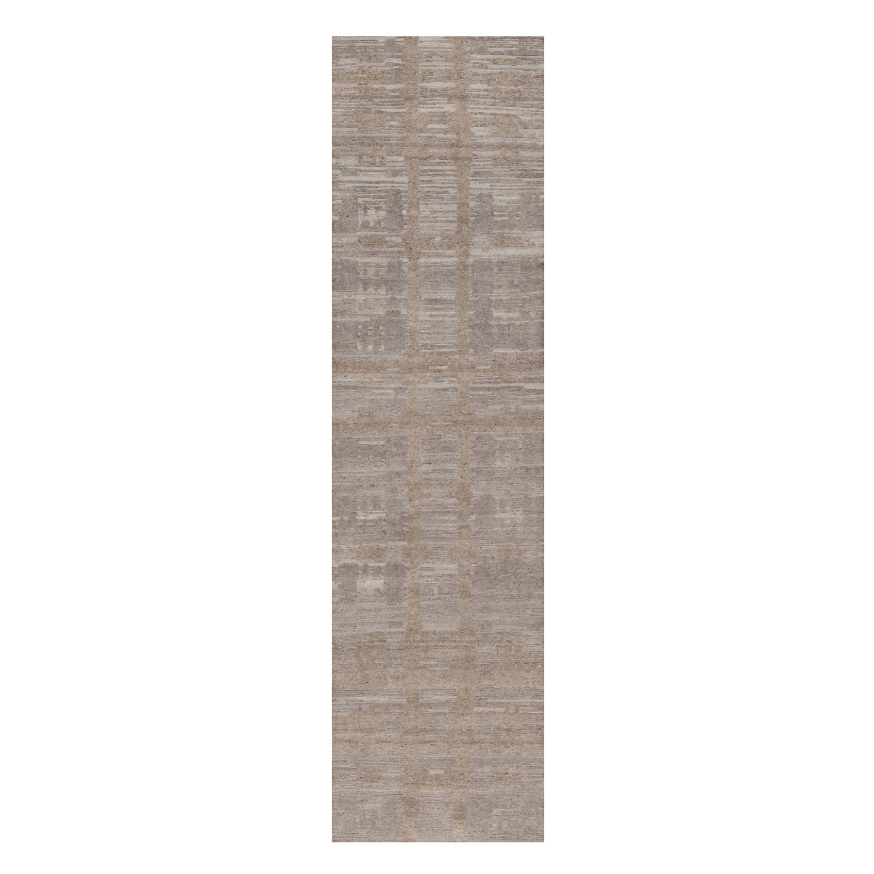 Amphora Brown, Modern Criss Cross Erased Design, Hand Knotted, Hand Spun Undyed Natural Wool, Runner, Oriental Rug